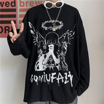 Wiaofellas Men Long Sleeve T-Shirts Autumn Print Gothic Vintage Ulzzang Cozy High Street Streetwear Trendy Baggy Korean Version Harajuku Bf